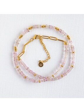 Pink Amethyst Heishi Beaded Necklace Waterproof Gold Gemstone Necklace